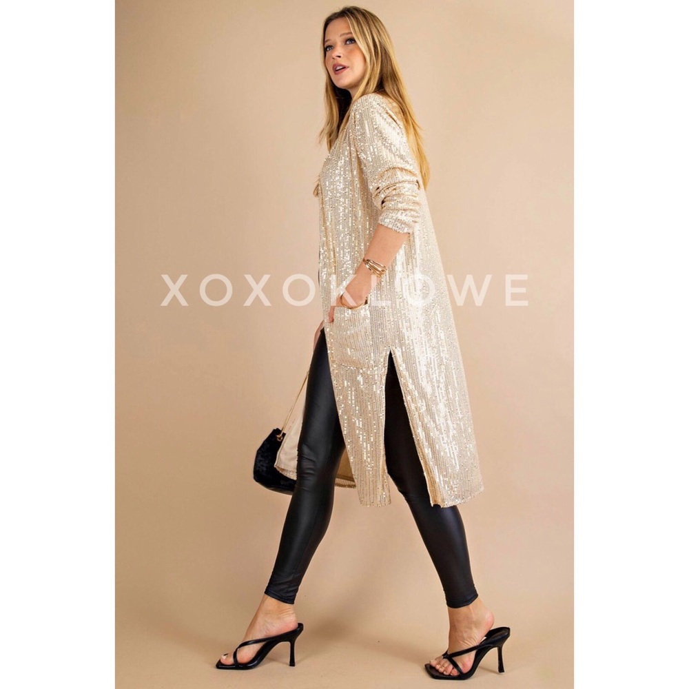 Gold Open Front Sequin Duster Long Fully Lined - image 5